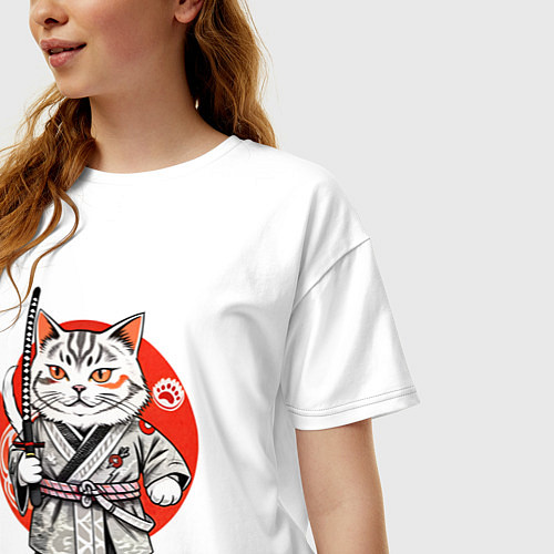 Женская футболка оверсайз Ниндзя кот с саблей красное солнце / Белый – фото 3