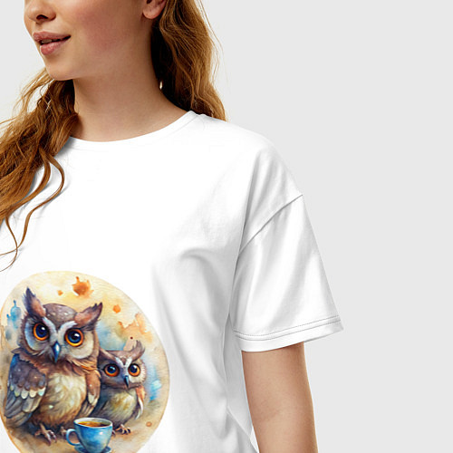 Женская футболка оверсайз Совушки с кофе / Белый – фото 3