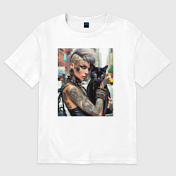 Футболка оверсайз женская Девчонка панк в татухах с чёрным котом - нейросеть, цвет: белый