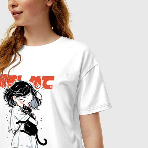 Женская футболка оверсайз Девочка обнимает кота аниме - счастье / Белый – фото 3