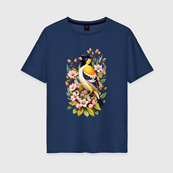 Женская футболка оверсайз Черноголовый щегол среди цветов
