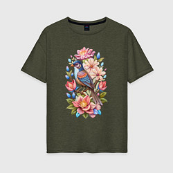 Женская футболка оверсайз Птица Калипта Анны среди цветов