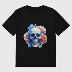 Футболка оверсайз женская Акварельный череп в цветах, цвет: черный