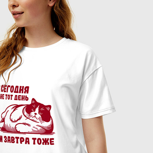 Женская футболка оверсайз Недовольный толстый котик сегодня не тот день / Белый – фото 3