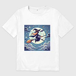 Футболка оверсайз женская Ведьма на метле в ночи, цвет: белый