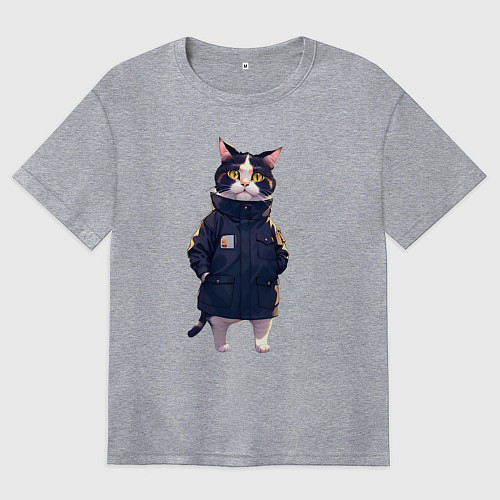 Женская футболка оверсайз Кот в длинной куртке / Меланж – фото 1