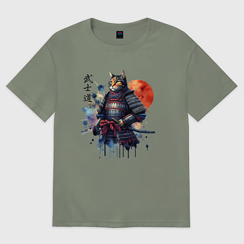 Женская футболка оверсайз Cat samurai - bushido ai art / Авокадо – фото 1