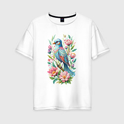 Женская футболка оверсайз Красивая голубая птица среди цветов