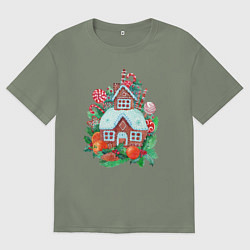 Футболка оверсайз женская Пряничный домик со сладостями и фруктами, цвет: авокадо