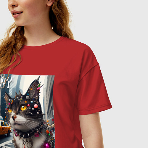 Женская футболка оверсайз Пирсинг Нью-Йоркского кота - нейросеть / Красный – фото 3