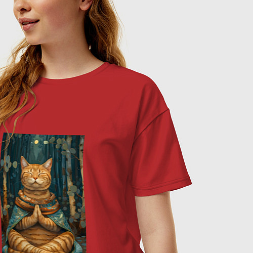Женская футболка оверсайз Кот на медитации / Красный – фото 3