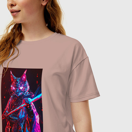 Женская футболка оверсайз Кот самурай киберпанк / Пыльно-розовый – фото 3