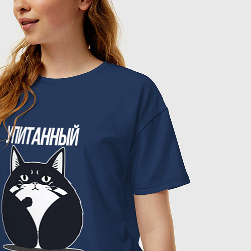 Женская футболка оверсайз Упитанный кот / Тёмно-синий – фото 3