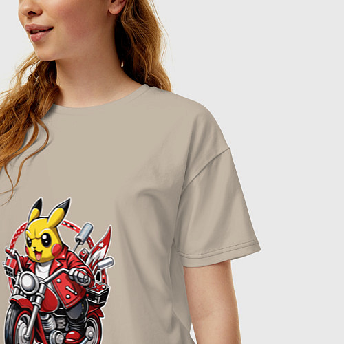 Женская футболка оверсайз Пикачу мчится на мотоцикле / Миндальный – фото 3