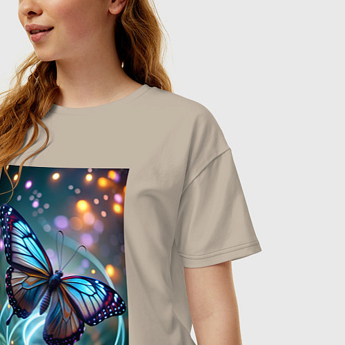Женская футболка оверсайз Порхающая бабочка в неоновых линиях / Миндальный – фото 3