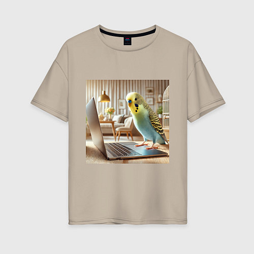 Женская футболка оверсайз Волнистый попугай с ноутбуком / Миндальный – фото 1