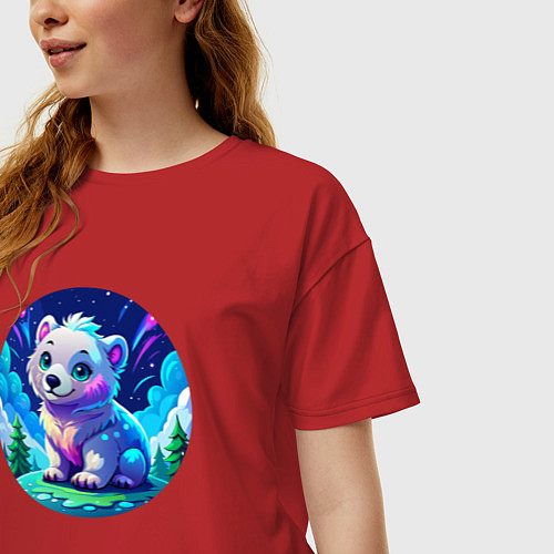 Женская футболка оверсайз Белый медвежонок в Арктике / Красный – фото 3