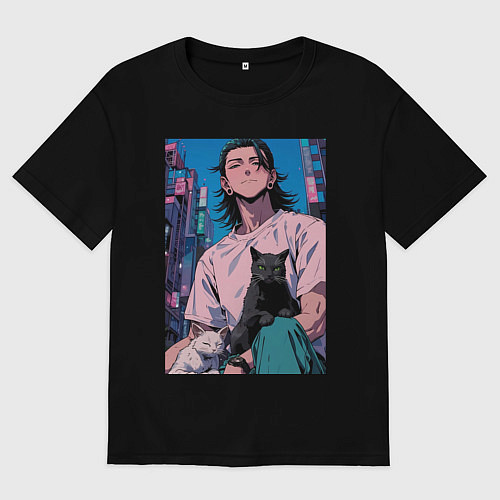 Женская футболка оверсайз Магическая битва Сугуру Гэто с котами / Черный – фото 1