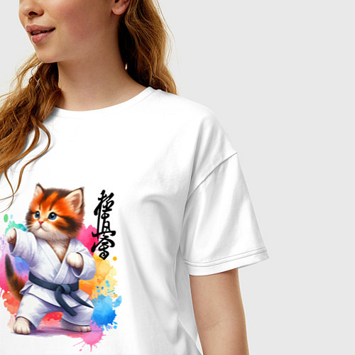 Женская футболка оверсайз Кёкусинкай карате - крутой котёнок / Белый – фото 3