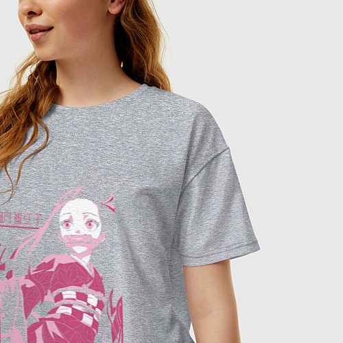 Женская футболка оверсайз Клинок рассекающий демонов милая Незуко в розовом / Меланж – фото 3