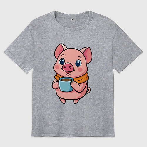 Женская футболка оверсайз Поросенок пьет кофе / Меланж – фото 1