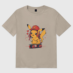 Футболка оверсайз женская Пикачу в кепке на скейте, цвет: миндальный