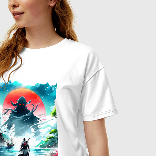 Женская футболка оверсайз Призрак Цусимы - самурай на берегу озера / Белый – фото 3