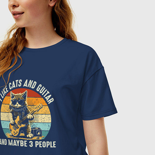 Женская футболка оверсайз Люблю котов гитару и может быть трёх людей / Тёмно-синий – фото 3
