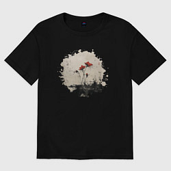 Футболка оверсайз женская Красные цветы в китайском стиле, цвет: черный