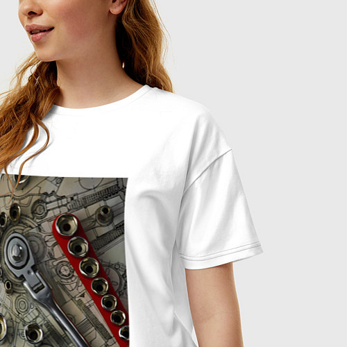 Женская футболка оверсайз Трещотка ключ и чертеж / Белый – фото 3