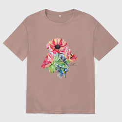 Футболка оверсайз женская Маковый букет и птицы, цвет: пыльно-розовый