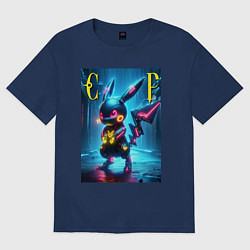 Футболка оверсайз женская Cyber Pikachu - neon glow ai art, цвет: тёмно-синий