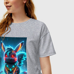 Футболка оверсайз женская Cyber Pikachu in the neon metropolis - ai art, цвет: меланж — фото 2