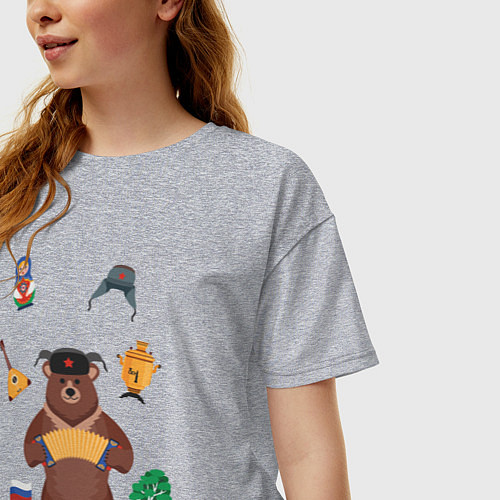 Женская футболка оверсайз Медведь с балалайкой в ушанке и матрёшка / Меланж – фото 3