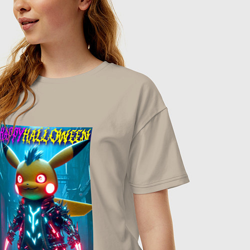 Женская футболка оверсайз Cyber Pikachu - happy halloween / Миндальный – фото 3