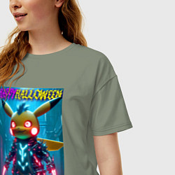 Футболка оверсайз женская Cyber Pikachu - happy halloween, цвет: авокадо — фото 2