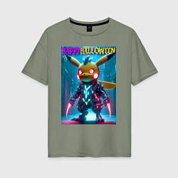 Футболка оверсайз женская Cyber Pikachu - happy halloween, цвет: авокадо