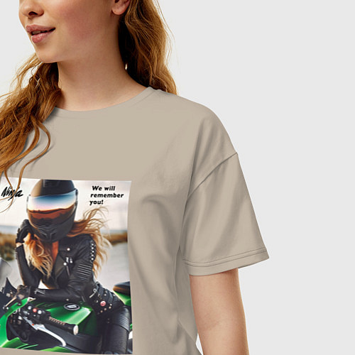 Женская футболка оверсайз Девушка на мотоцикле Kawasaki ninja- память / Миндальный – фото 3