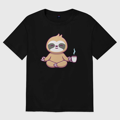 Женская футболка оверсайз Ленивец и кофейный релакс / Черный – фото 1