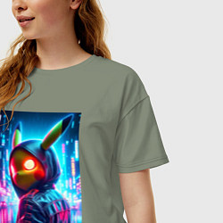 Футболка оверсайз женская Крутой Пикачу в модном прикиде - нейроарт, цвет: авокадо — фото 2