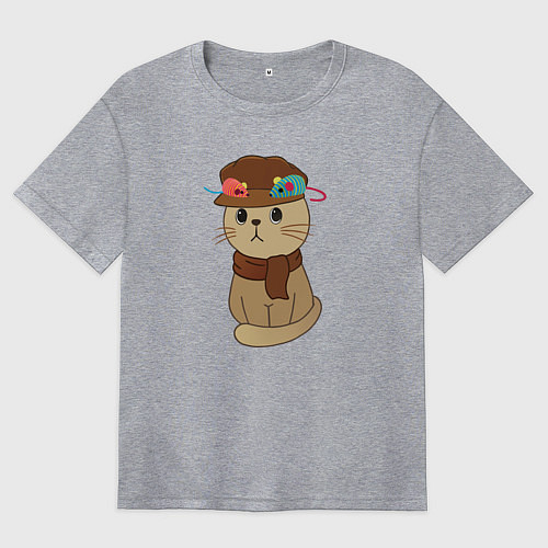 Женская футболка оверсайз Милый котик в кепке и с шарфиком - художник / Меланж – фото 1