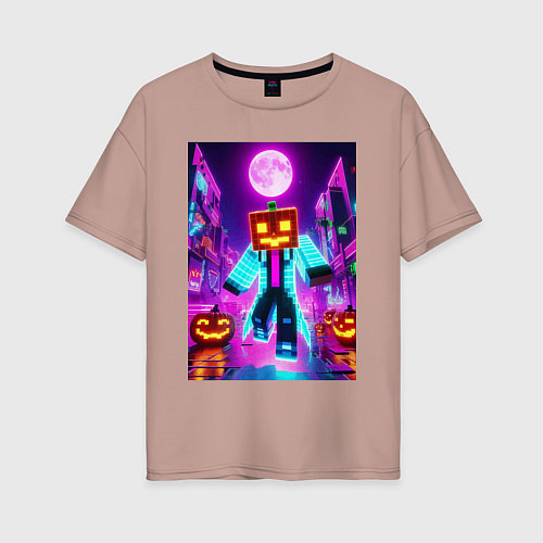 Женская футболка оверсайз Neon halloween and Minecraft - collaboration / Пыльно-розовый – фото 1
