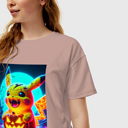 Футболка оверсайз женская Пикачу зомби с тыквой - хэллоуин, цвет: пыльно-розовый — фото 2