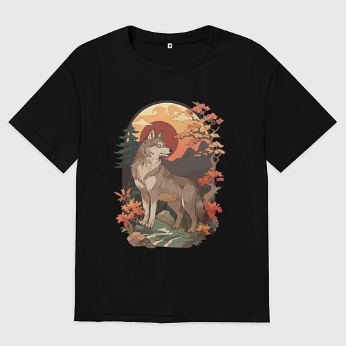 Женская футболка оверсайз Волк в лесу в японском стиле / Черный – фото 1