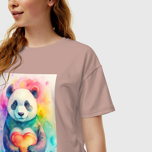 Женская футболка оверсайз Нежная панда с сердцем в лапках / Пыльно-розовый – фото 3