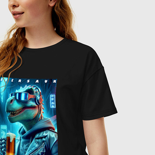 Женская футболка оверсайз Крутой чувак Дино с кружкой пива - нейроарт / Черный – фото 3