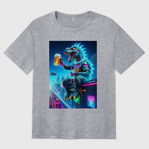 Женская футболка оверсайз Чувак Дино сидит на крыше небоскрёба с кружкой пив / Меланж – фото 1