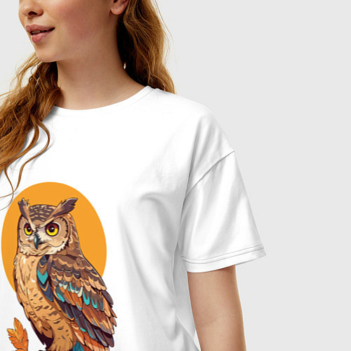 Женская футболка оверсайз Сова на ветке с листьями / Белый – фото 3