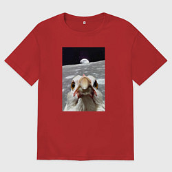 Футболка оверсайз женская Курица селфи на луне, цвет: красный