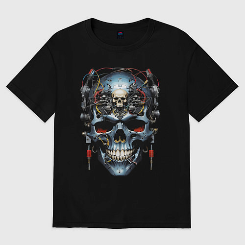 Женская футболка оверсайз Кибер череп - нейроарт фантазия / Черный – фото 1